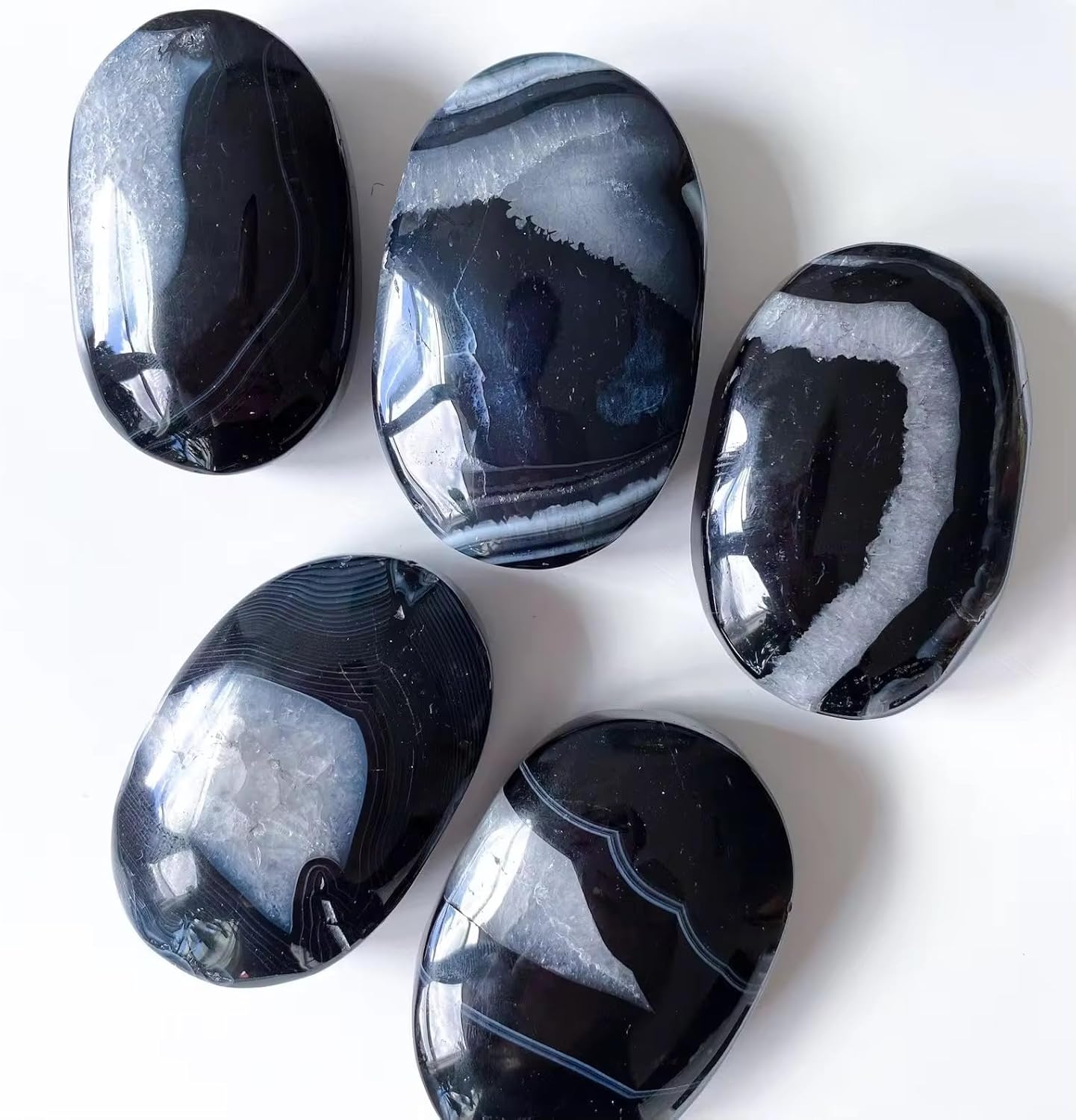 3pc Black Onyx Oval Worry Stone,Palm Pocket Energy Stone, Healing Crystal Indoor Fountain Stones Massage Energy Anxiety Relief Items – Worry Stones for Stress Relief Gifts