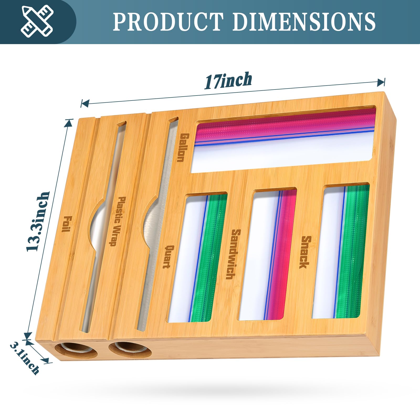 Calmbee Food Storage Bag Organizer and Wrap Dispenser with Cutter, 6 IN 1 Bamboo Foil and Plastic Wrap Organizer for Kitchen Drawer, Ziplock Bag Storage Organizer for Gallon,Quart,Sandwich,Snack