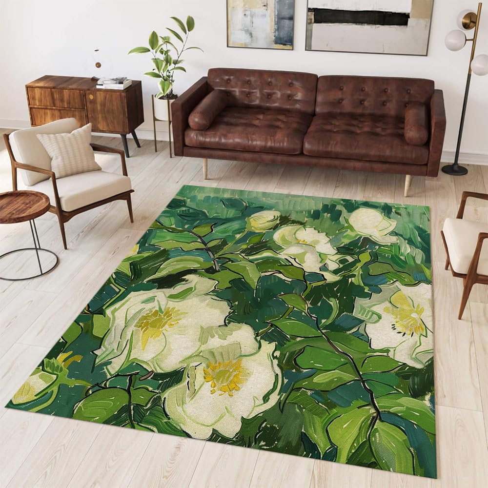 Tapis de salon vintage vert floral classique en poil court doux antidérapant