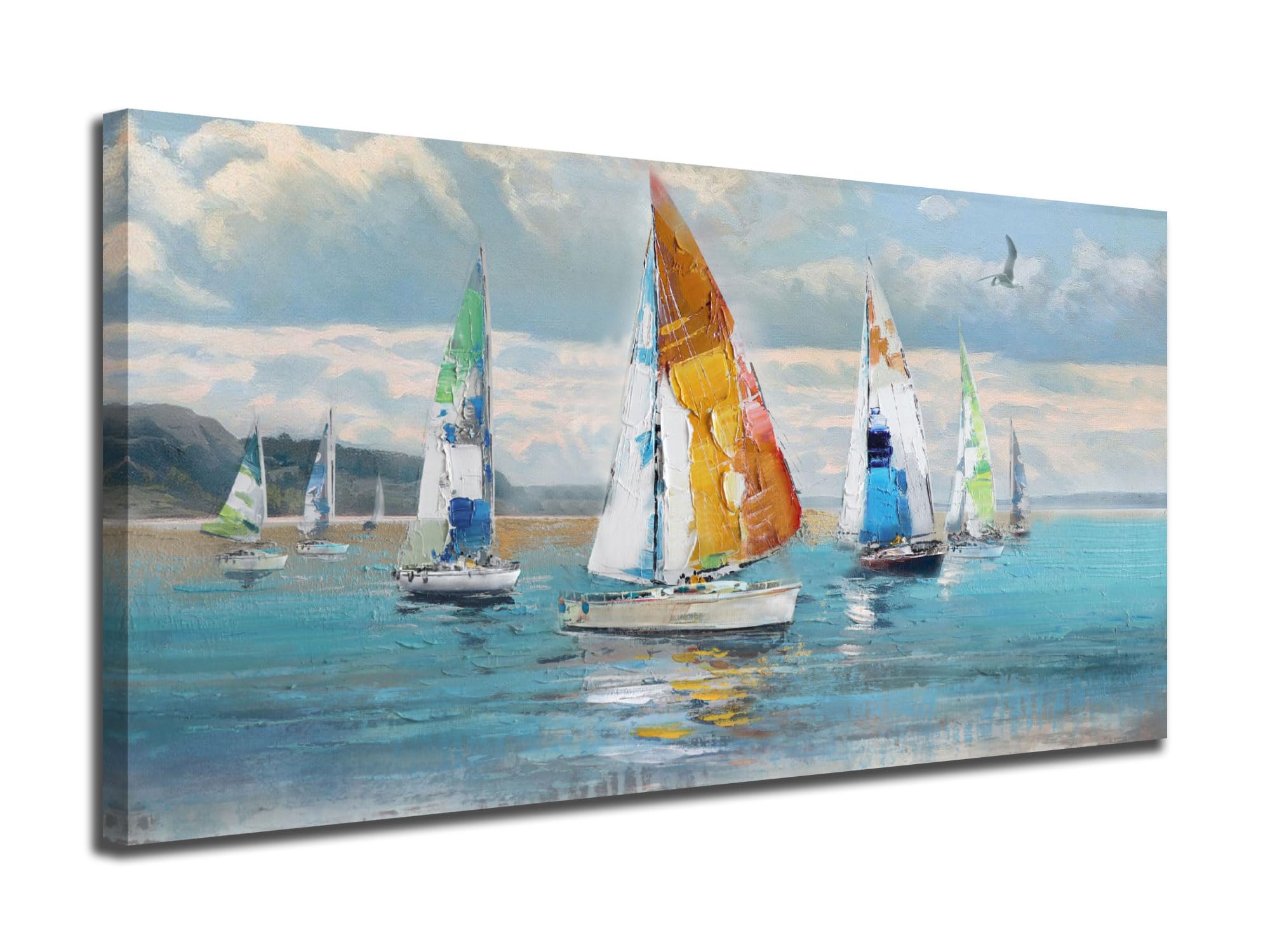 Ardemy Blue Abstract Wall Art Ocean Sailboat Picture Modern Coastal Painting, Large Canvas Handmade Textured Framed Artwork for Living Room Bedroom Kitchen Home Office Wall Decor 40"x20"