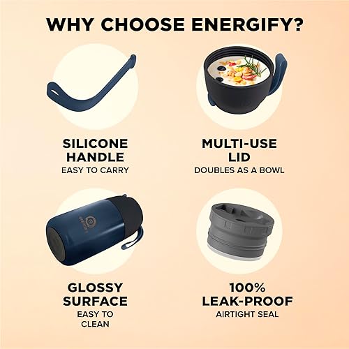 Miniatura 3 de ENERGIFY - Termo en forma de tarro de acero inoxidable con aislamiento al vacío, recipiente grande de 24 onzas con cuchara plegable incluida, taza.