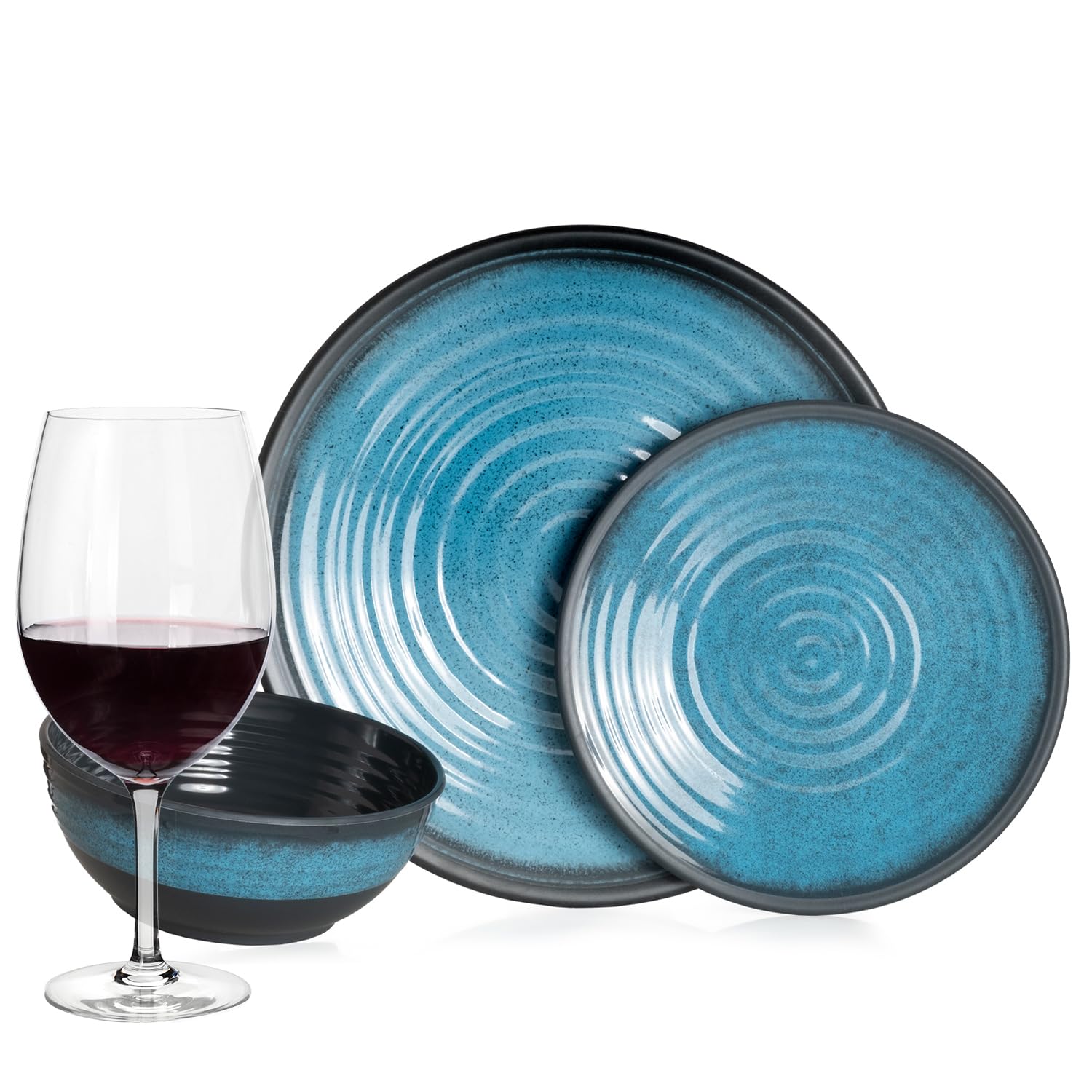 Vajilla de melamina para camping, 4 personas, color azul piedra + 4 vasos de vino tinto Tiamo rojo copas de vino rojo vajilla vajilla de picnic barbacoa