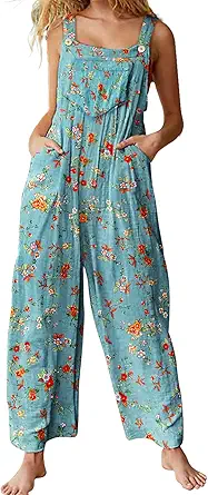 YESNO Overalls for Women Casual Loose Summer Rompers Boho Floral Adjustable Straps Wide Leg Jumpsuits with Pockets PQ2