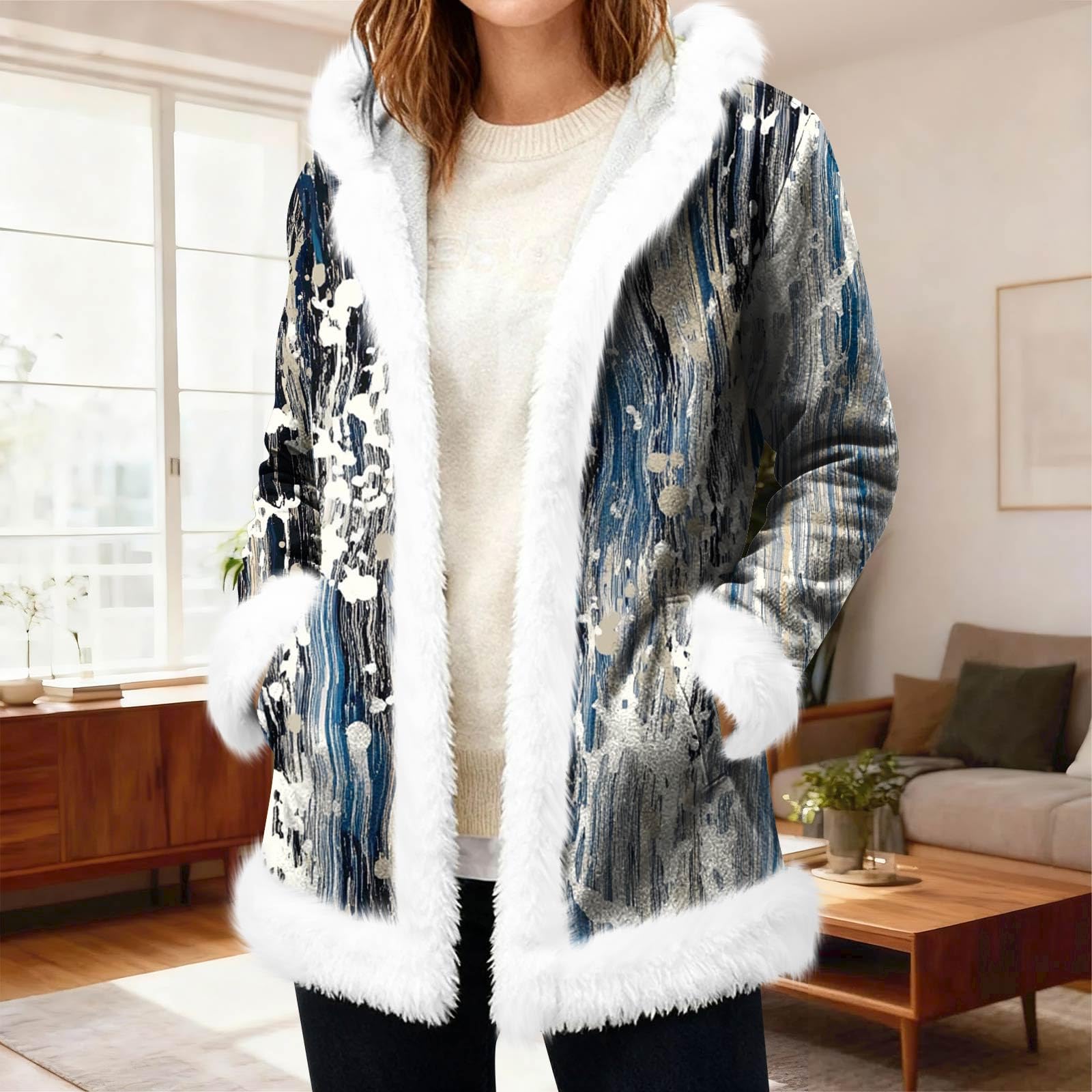 Generisch Winterjacke Damen Warm Wintermantel Casual Mantel Aufdruck Jacke