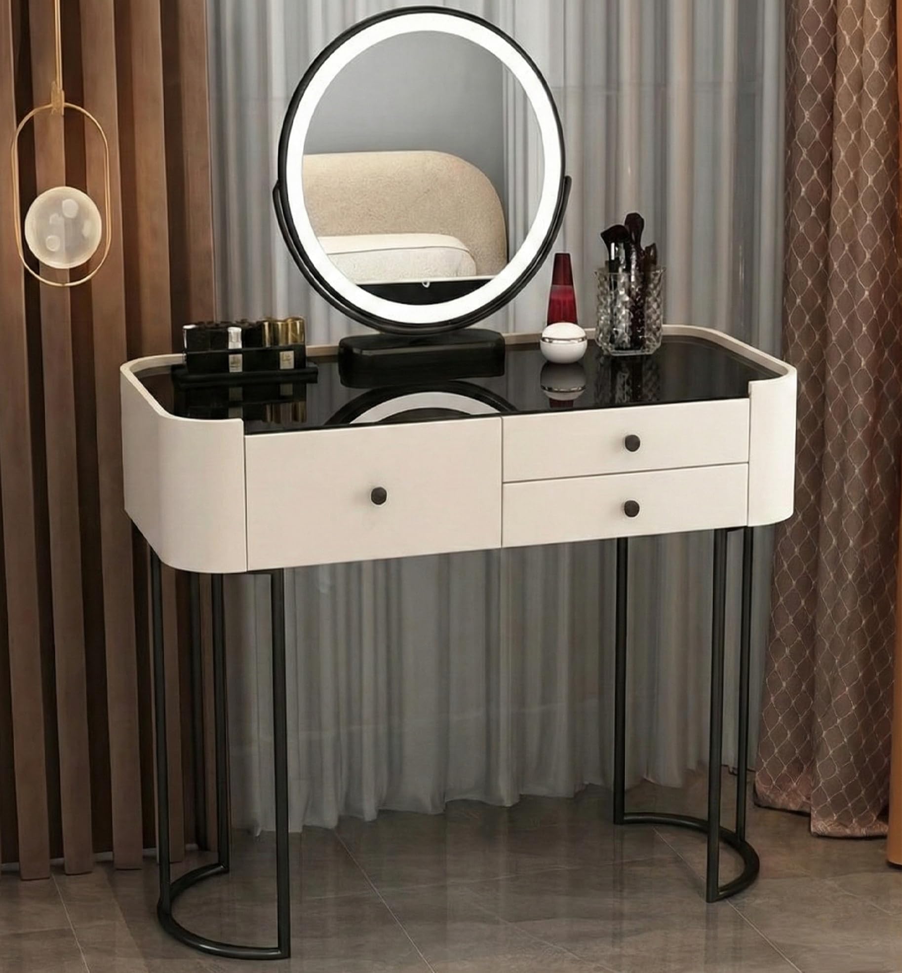 Nouvage Design Premium Dressing Table with Adjustable LED Mirror in White Black 80cm Dressing Table with Mirror Bedroom Dressing Tables including 2 drawers