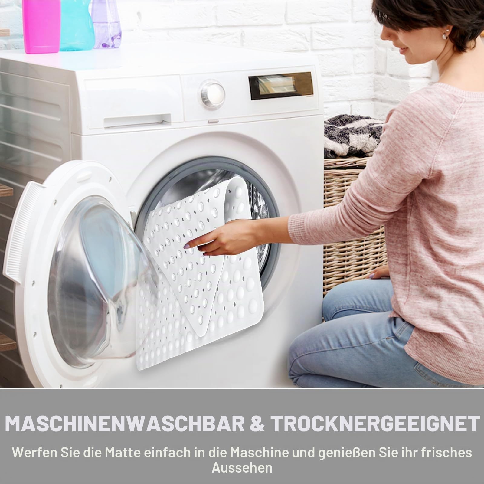 Eck-Duschmatte rutschfest 70 x 70 cm, Große Duscheinlage rutschfest Antirutschmatte Halbrund mit Saugnäpfen und Abflusslöchern, Maschinenwaschbar (Weiß)