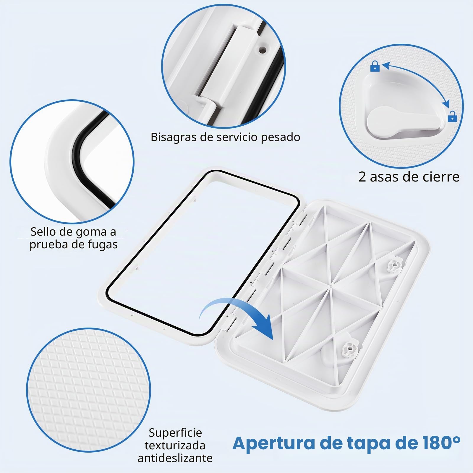 HOMASIS escotilla de plástico para barcos de 60,5 x 35 cm, escotilla de repuesto para barcos con ángulo de apertura de 180°, escotilla de acceso antideslizante y resistente a la intemperie para barcos