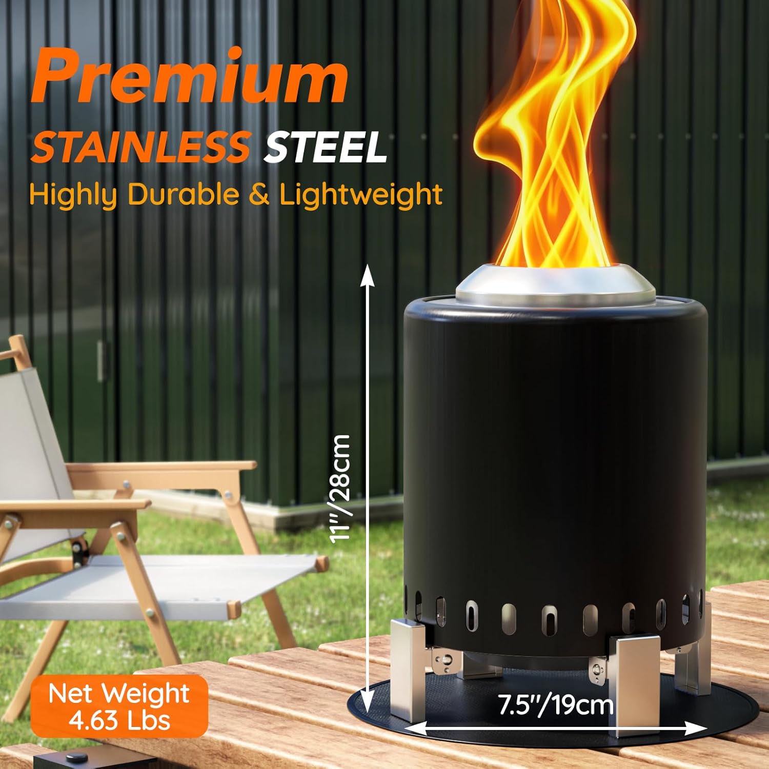 Mini Smokeless 7 Inch Tabletop Fire Pit with Pan Stand and Insulation Mat, Portable Stainless Steel Fire Pit for Camping, Patio Tabletop Firepit, Burns Wood or Pellets, Travel Bag Included, Black