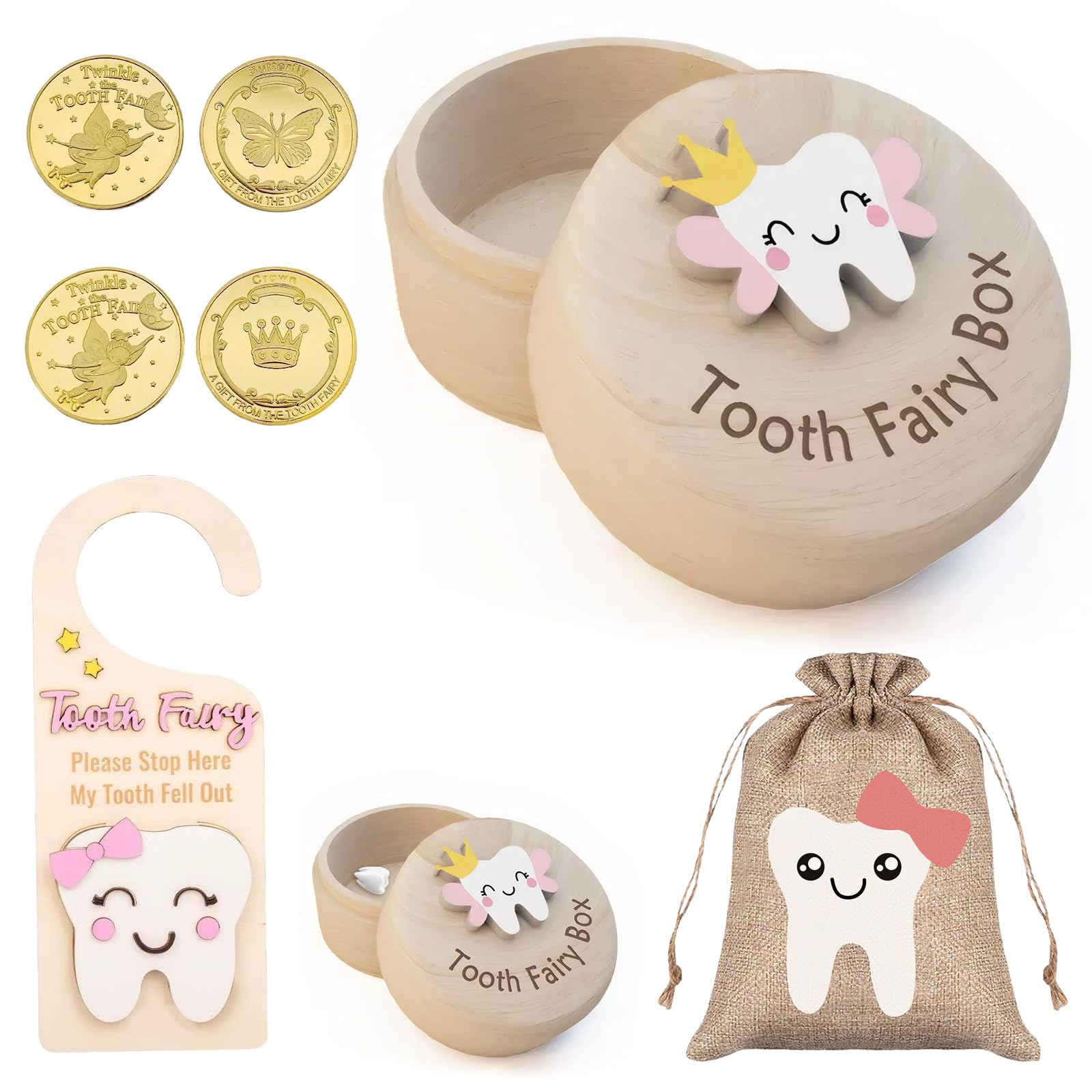 XdealCozyxc 5 Pcs Tooth Fairy Kit, Wooden Tooth Fairy Gift Including Tooth Fairy Box Bag Coin & Door Hanger