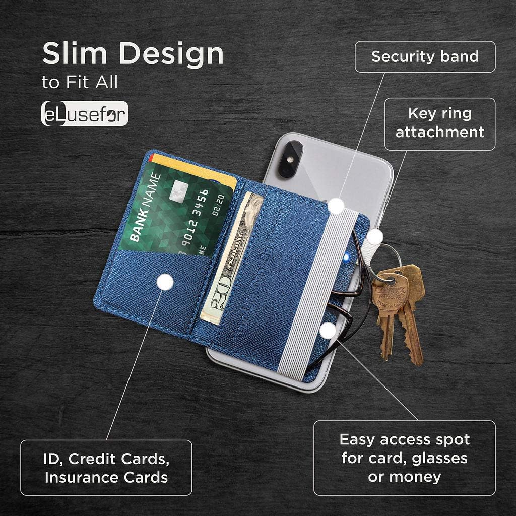 Stick-On Phone Wallet for Back of iPhone or Android Case | 6 Sleeve Credit Card Holder - Pocket for Cards, Money & ID - Built-in Stand - Waterproof Material - Travel, Work & Life-Proof - Blue