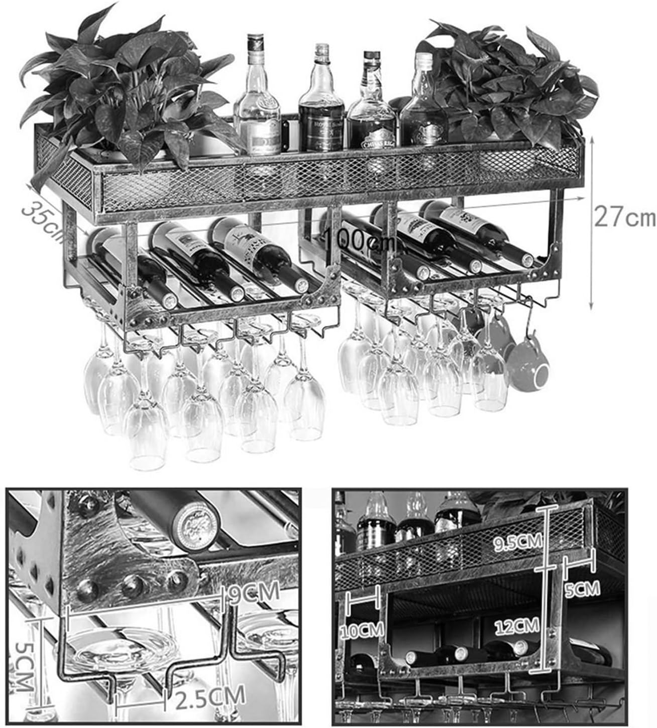 Wine Shelf Vintage Wall-Mounted Wine Organizer - Rustic Metal Double-Layer Grid with Hanging Tray for Bottles, Glasses - Kitchen/Bar/Restaurant Decor Wine Holder