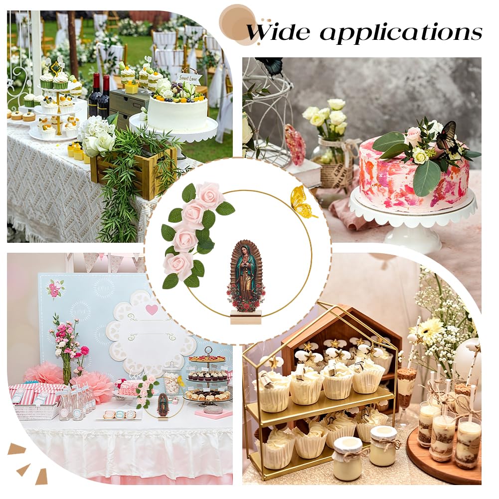 FREEBLOSS Lot de 12 centres de table de baptême pour centre de table comprenant 12 anneaux floraux, 12 supports en bois, 12 figurines Notre Dame de Guadalupe pour décoration d'intérieur, fête, mariage