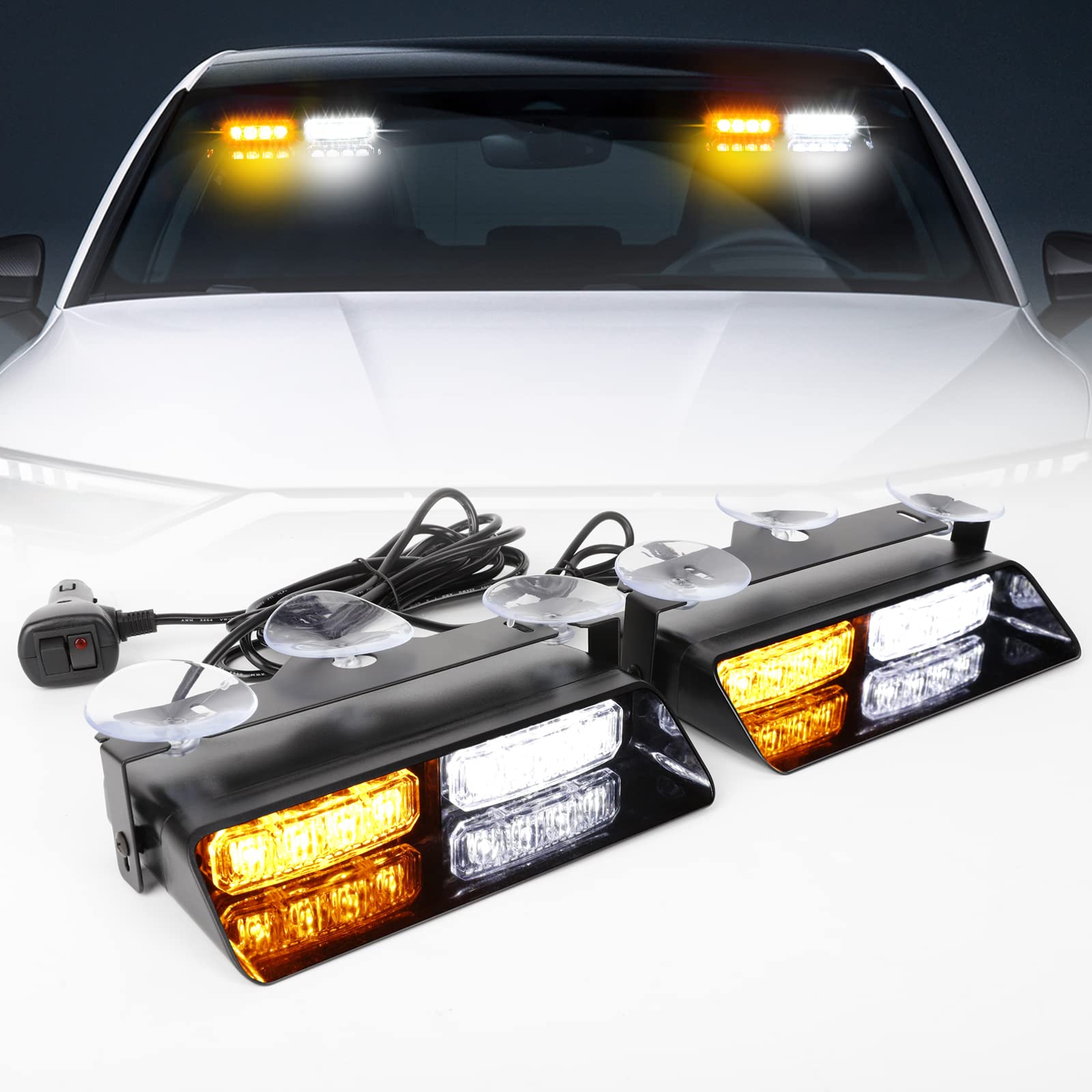 Amber Dash Emergency Strobe Light Bar, 16 Flashing Modes 2Pcs Interior Windshield Emergency Dash Strobe Lights Traffic Advisor Safety Hazard Warning Lights for Snowplow Trucks (White Amber)