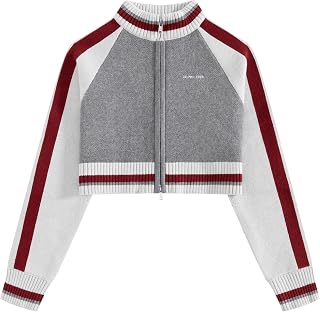 Aelfric Eden Women's Cropped Knit Zip Up Jacket Y2K Varsity Sweater Jackets | Stand Collar Two Way Full Zipper Sweater Jacket, Color Block Raglan Sleeve Coat, Back 77 Number Outerwear, 90s Streetwear