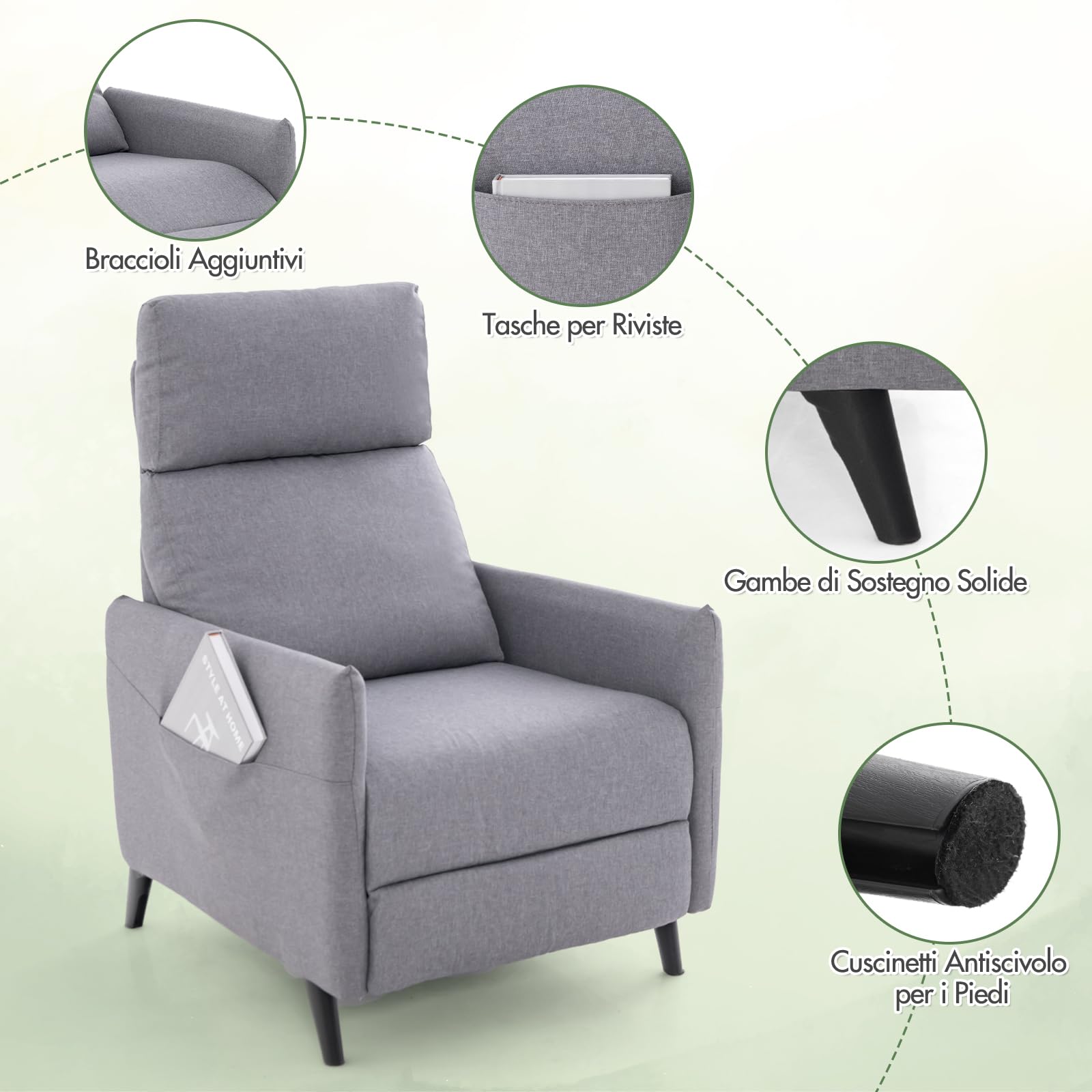 GYMAX Poltrona Reclinabile, Divano Relax con Schienale e Poggiapiedi Regolabili, 2 Tasche Laterali, Supporto Telaio in Ferro, Portata 120 kg, per Soggiorno, Home Cinema e Ufficio, Grigio