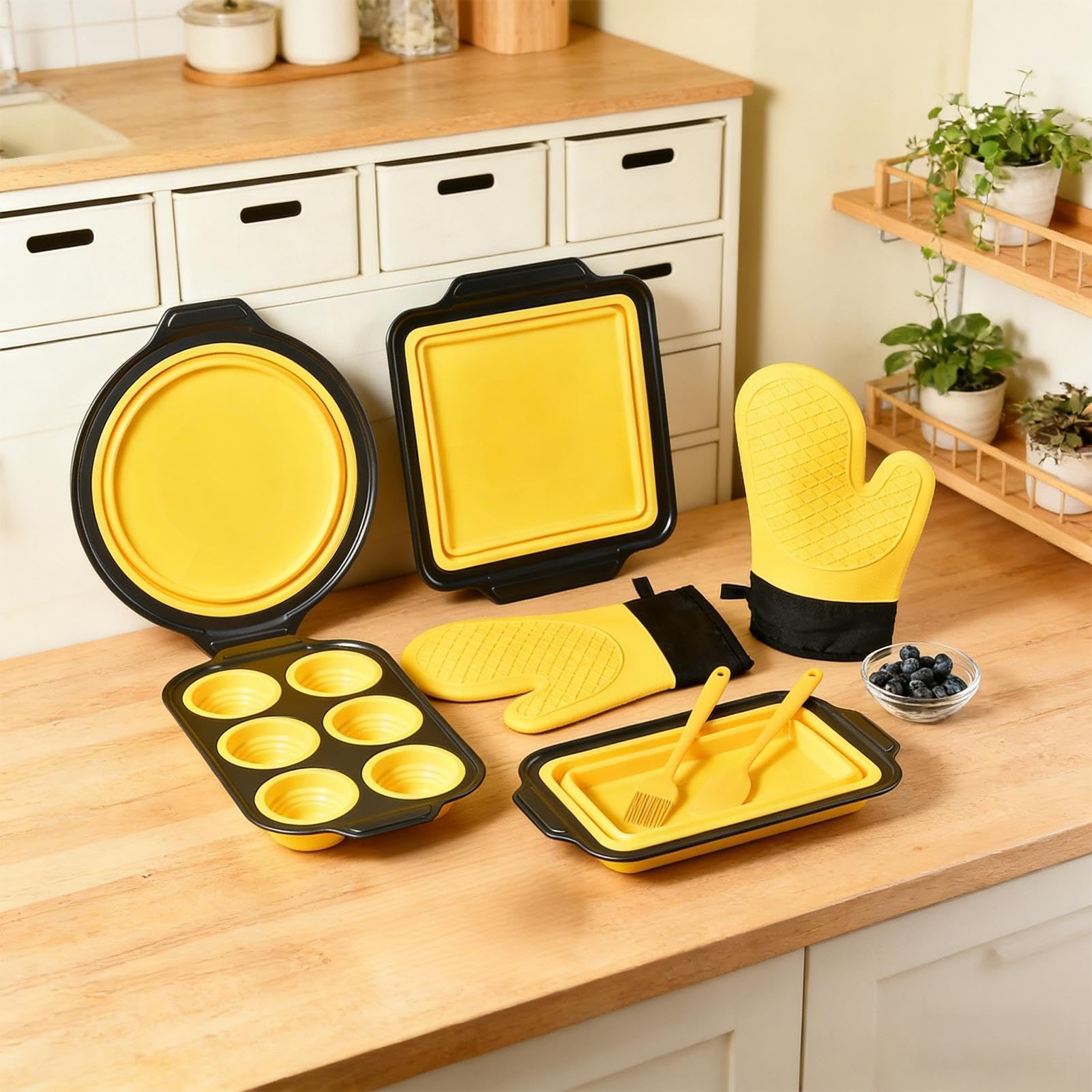 Generisch Molde de silicona para hornear | Moldes flexibles apilables | con agarraderas, raspadores y cepillo – Apto para lavavajillas – Para magdalenas, pan, cupcakes, cocina, apartamento, hogar