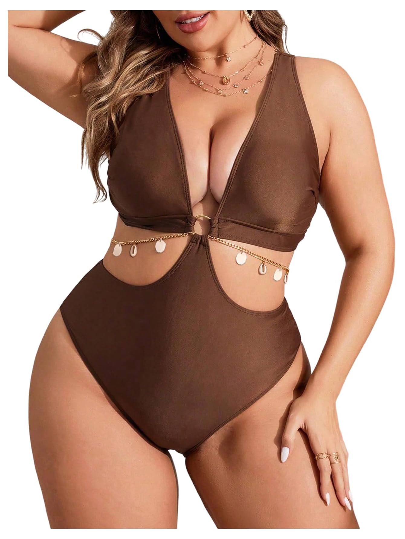Women's Plus Size One Piece Swimsuit Cut Out Deep V Neck Swimwear