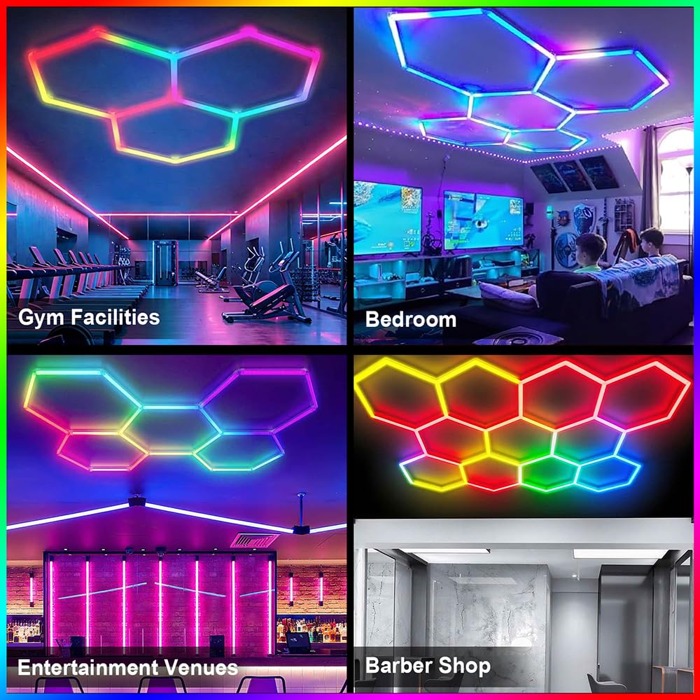 Luminaire LED hexagonal RGB pour garage | Plafonnier LED à 5 grilles pour garage, application connectée et télécommande, à monter soi-même