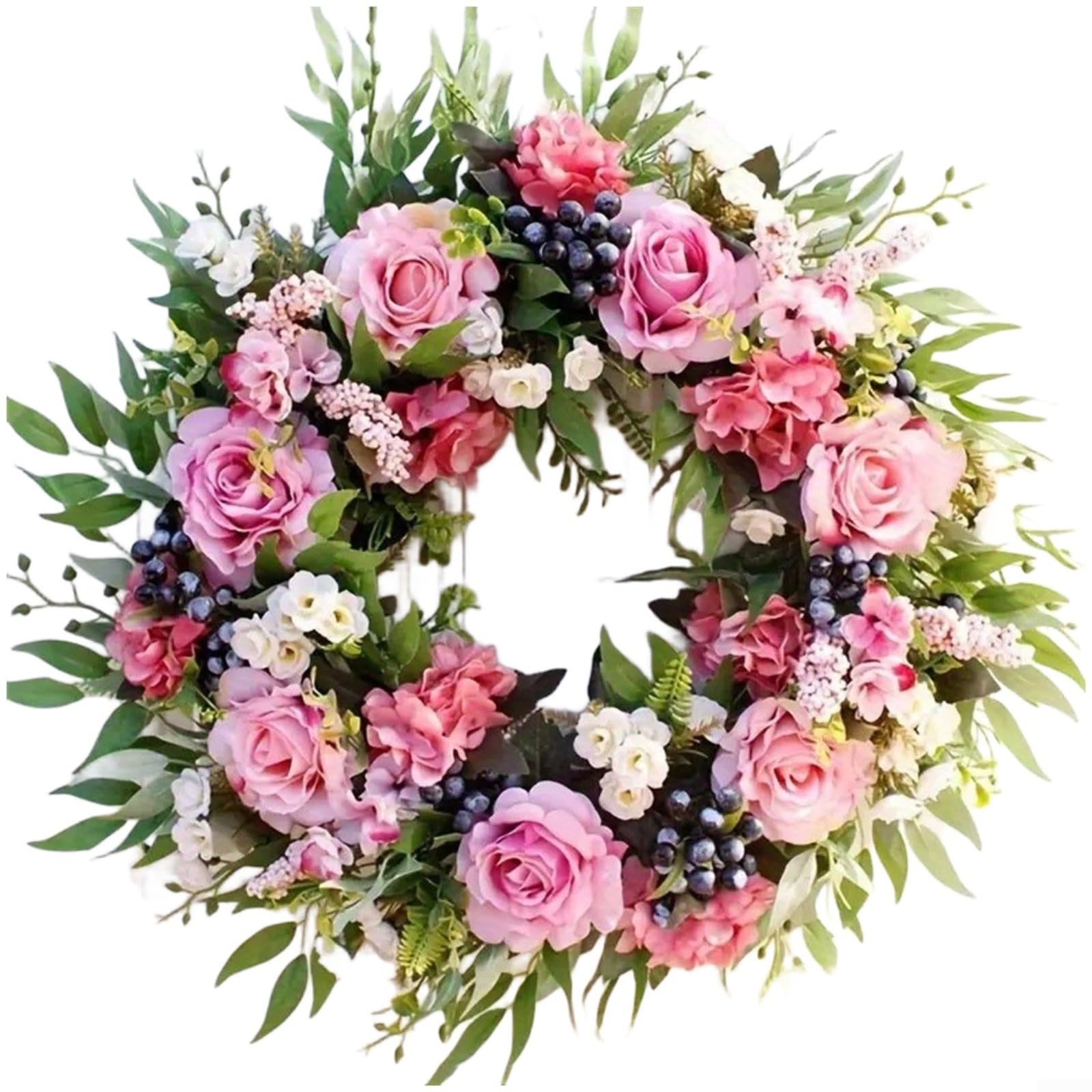 Glewi Artificial Spring Wreath For Door And Wedding Decor,Pink Silk Flower Garland With Roses Hydrangeas And Blueberries(16inch)