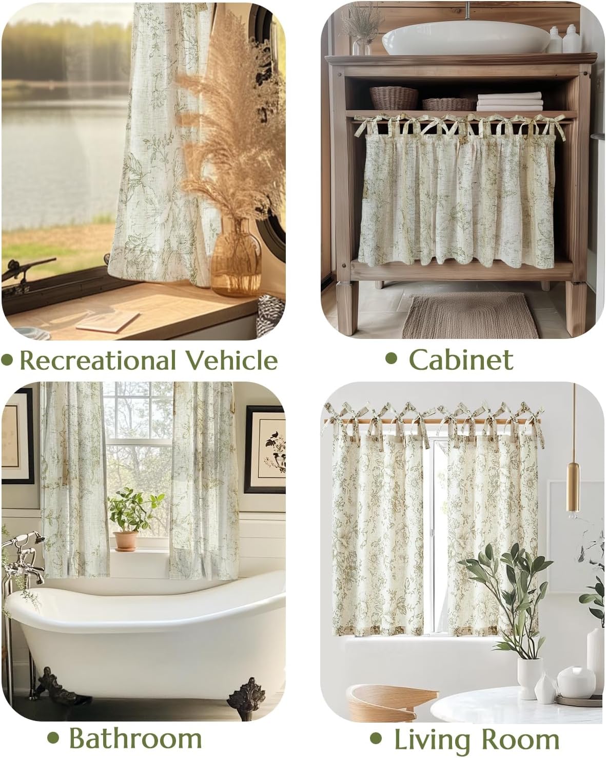 jinchan Floral Linen Tier Curtains 24 Inch Farmhouse Cafe Curtains Tie Top Botanic Drapes for Small Windows Over Sink for Kitchen Country Rustic Laundry Room Bathroom RV 2 Panels Green on Beige