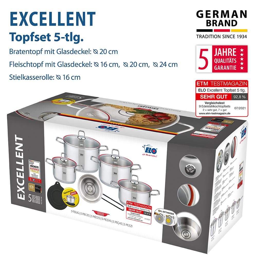 ELO Topfset Excellent 5-teilig, Edelstahl 18/10 - Induktion, Literskala | Volumenskala, Öl-Dosiersystem, Impactboden, spülmaschinengeeignet, backofenfest