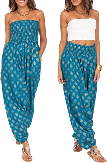 likemary Harem Pants Womens Jumpsuits Convertible Strapless Tube Top Romper | 100% Cotton, 2-in-1 Harem Jumpsuits, Pulls Down into Balloon Pants with Pockets, Casual Boho Outfit for Vacation & Everyday