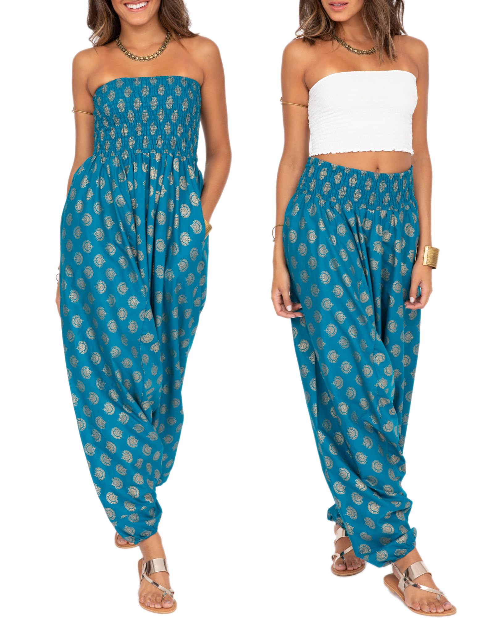 Jumpsuit for Women UK – Printed Cotton Jumpsuit Pulls Down into Elastic Waist Harem Pants – 2-in-1 Summer Trousers with Pockets