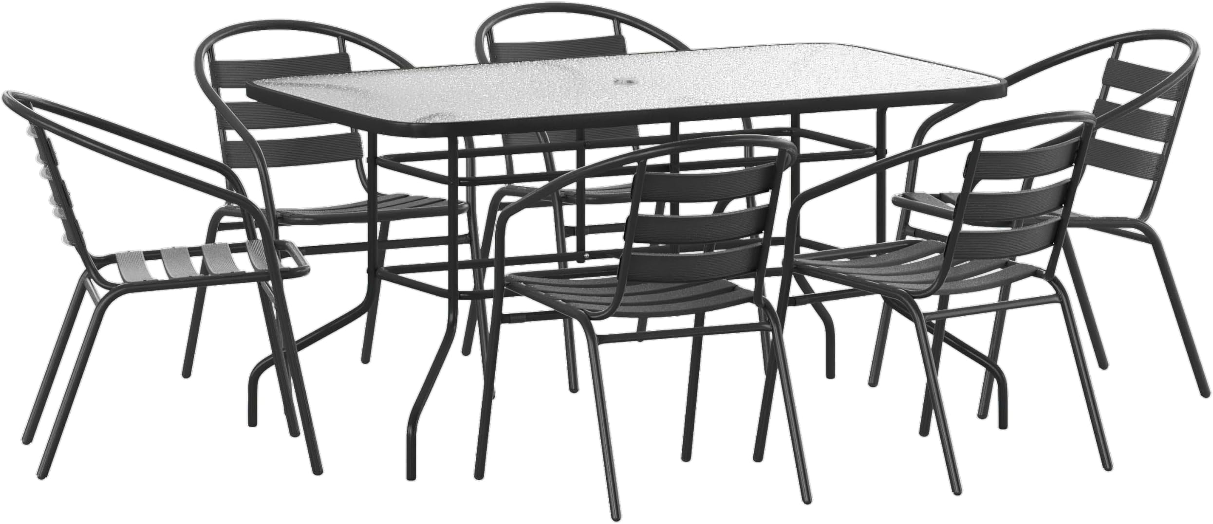 Lila 7-Piece Glass Patio Table and Chairs Set, Outdoor Patio Dining Set with Rectangular Table and 6 Slat Back Patio Chairs, Black