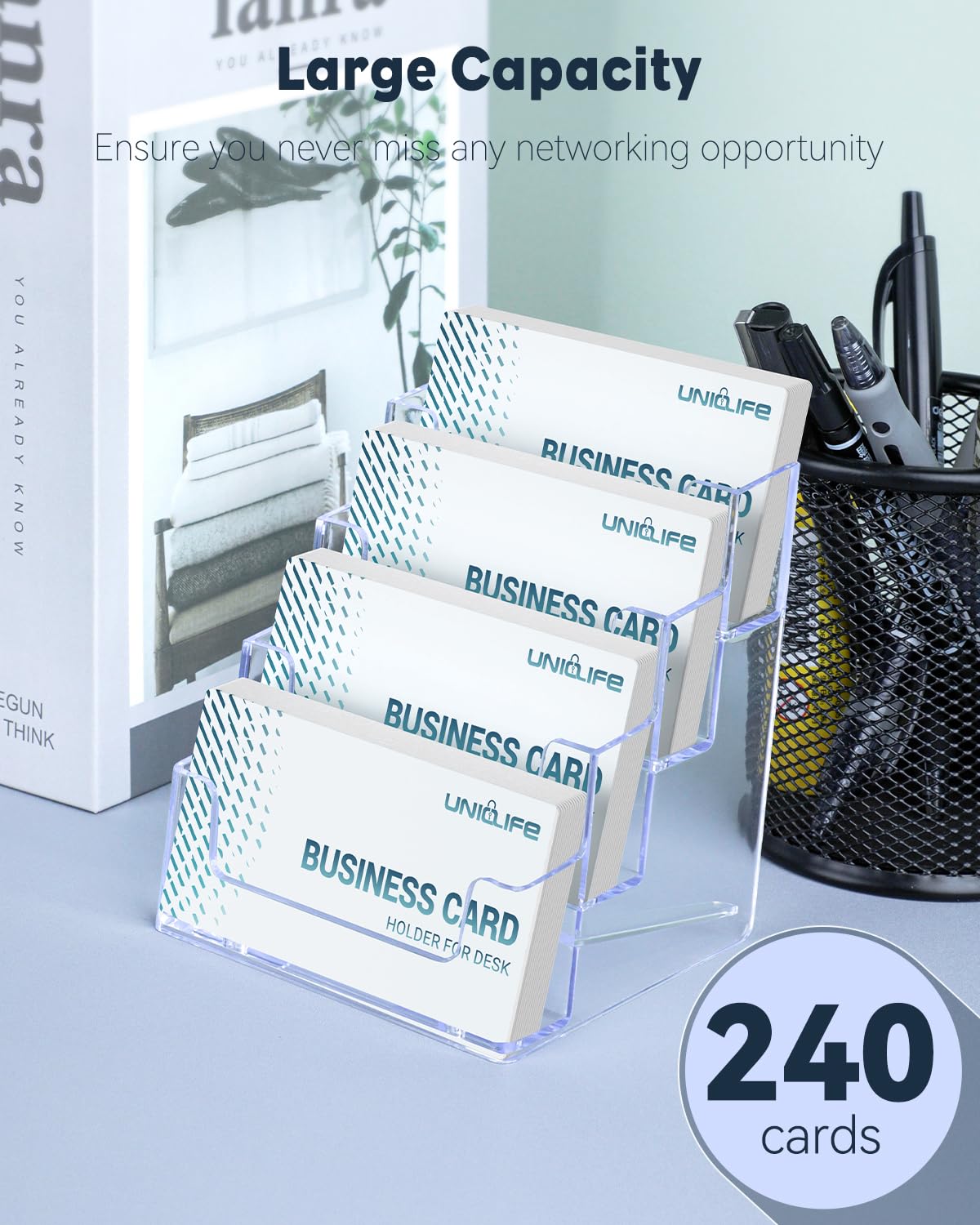 Uniclife Visitenkartenhalter 4er Set - Acryl, 2 Fächer, Bis 120 Karten - Für Büro & Homeoffice