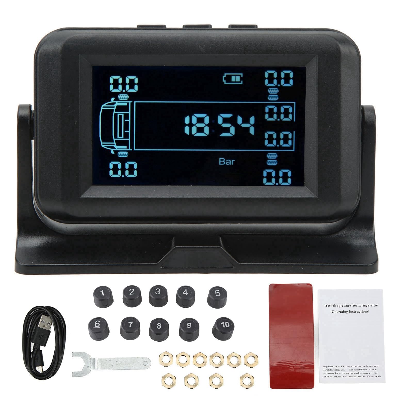 Reifendruckkontrollsystem, Kabelloses Reifendruckkontrollsystem mit 10 Sensoren 15bar Solarladung 4 Alarm TPMS für Wohnmobil LKW Anhänger