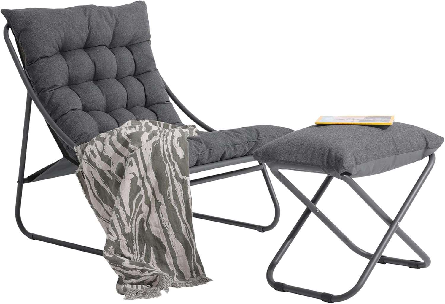 Patio Lounge Chair with Ottoman, Indoor Outdoor Comfy Sling Recliner Chair with Cushion, Modern Oversized Padded Lounge Chair Set with Footstool for Balcony Porch Garden, Dark Gray