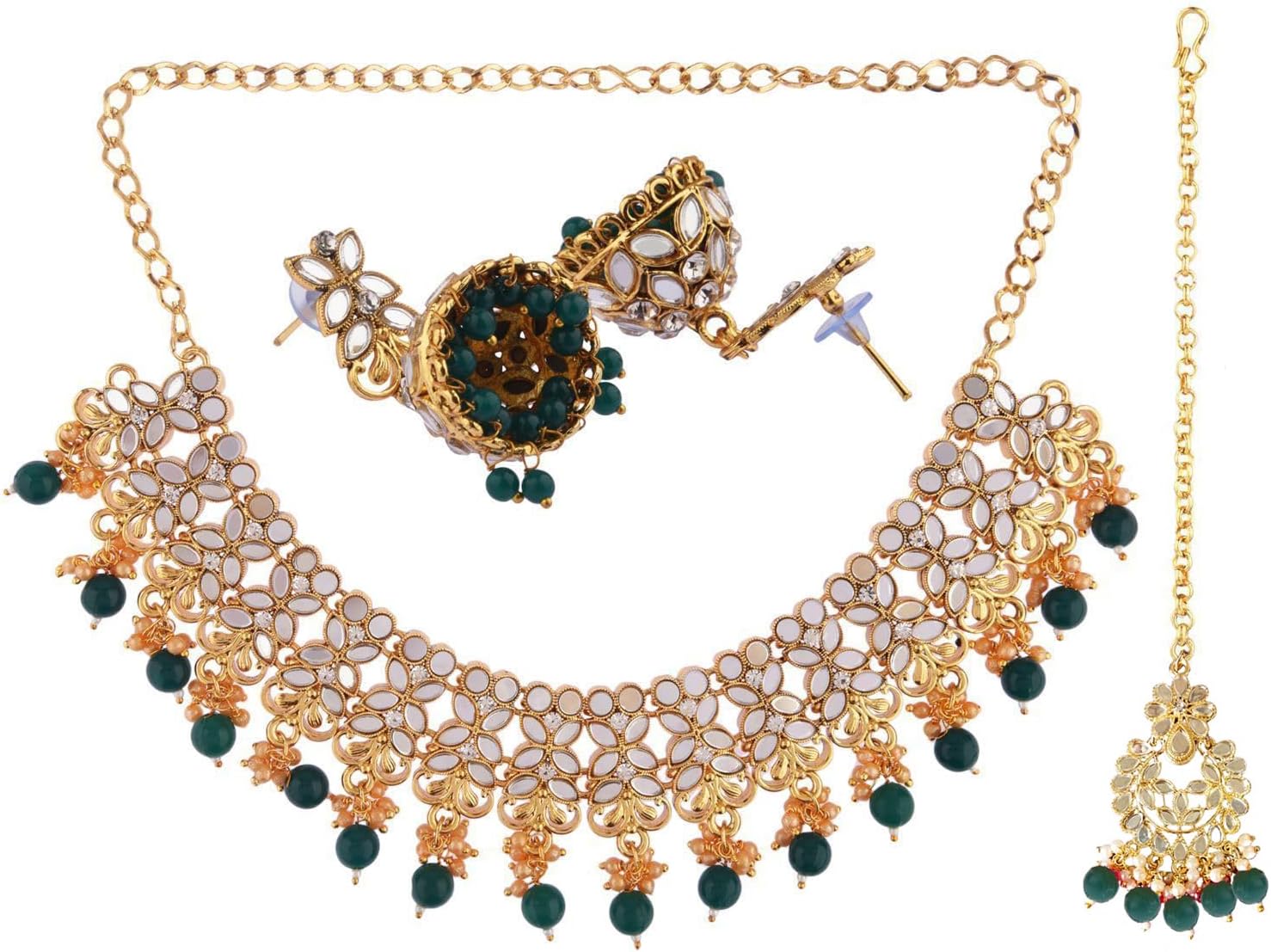 Efulgenz Crystal Choker Indian Jewelry Set Faux Kundan Pearl Crystal Stone Necklace Dangle Earrings Maang Tikka Head Chain Bollywood Wedding Bridal Jewelry for Women