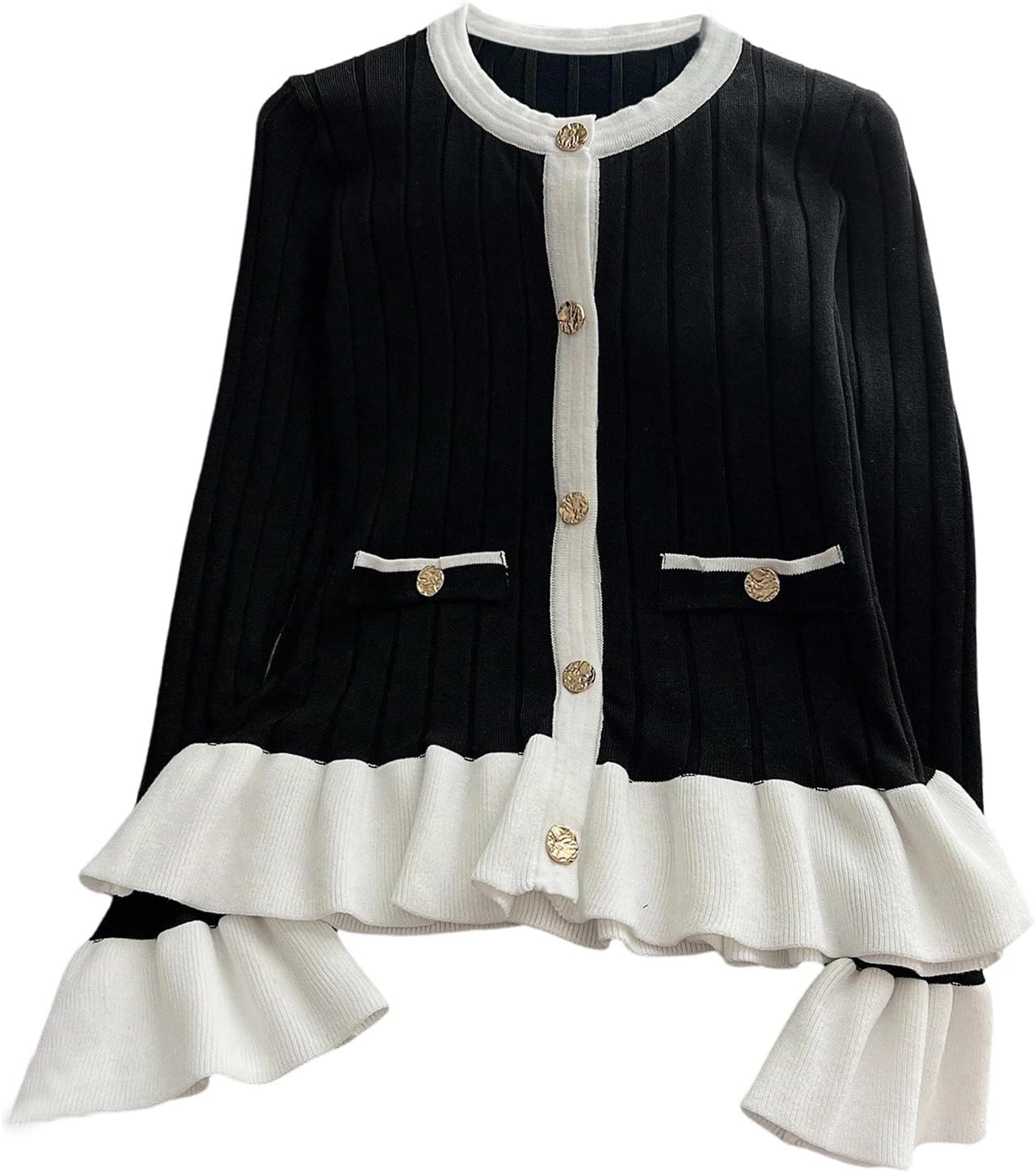 SOLY HUX Women's Crew Neck Elegant Button Up Cardigan Ruffle Long Sleeve Knit Sweater Office Outfit