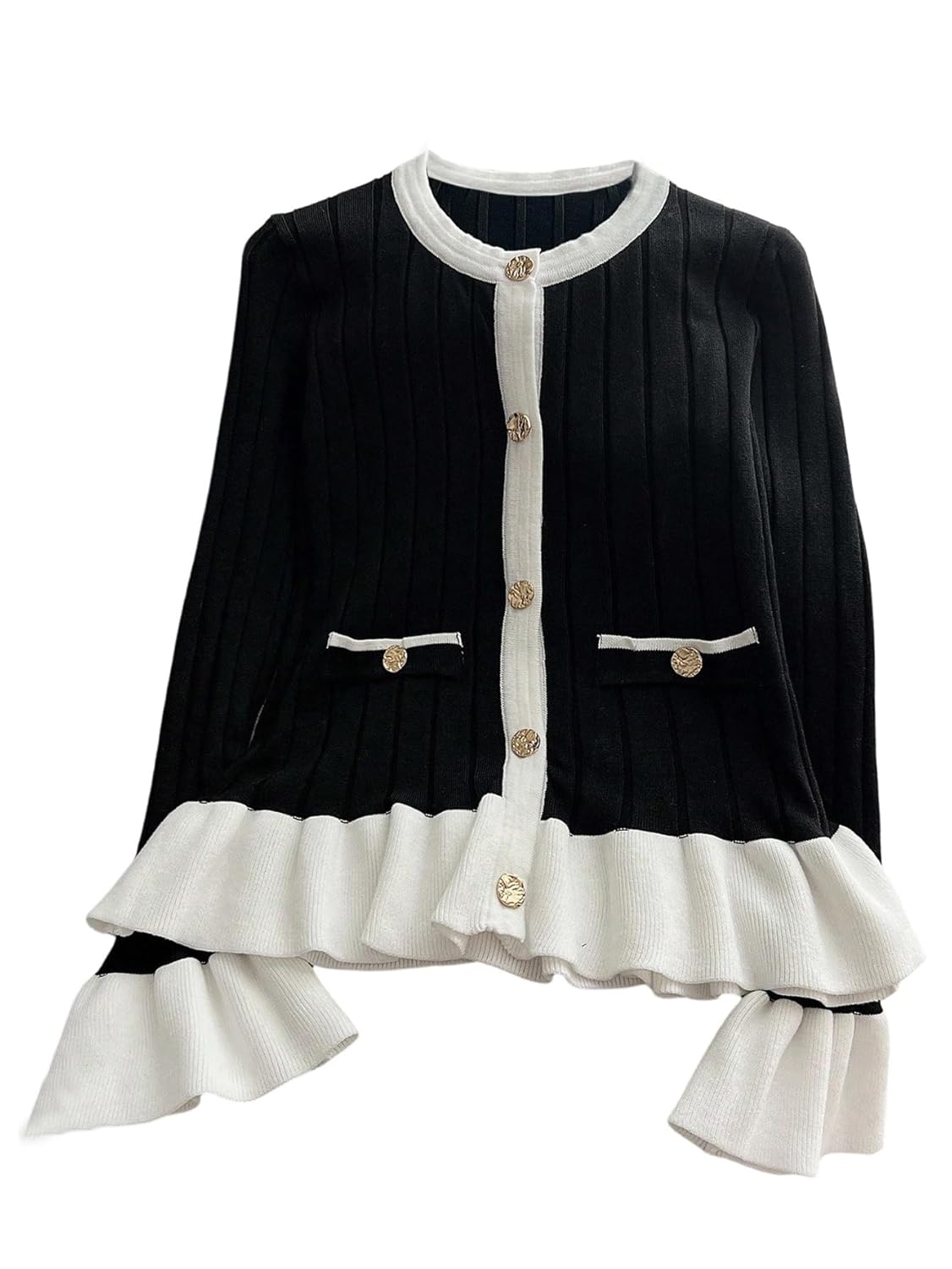 SHENHE Womens Button Up Ruffle Cardigan Sweater Crew Neck Color Block Dressy Knit Cardigan