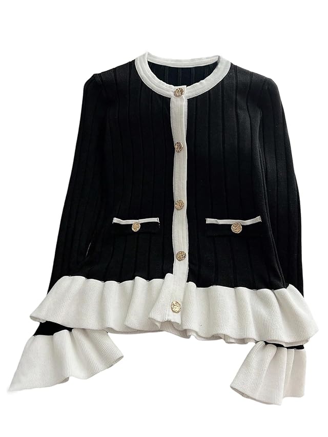 SHENHE Womens Button Up Ruffle Cardigan Sweater Crew Neck Color Block Dressy Knit Cardigan
