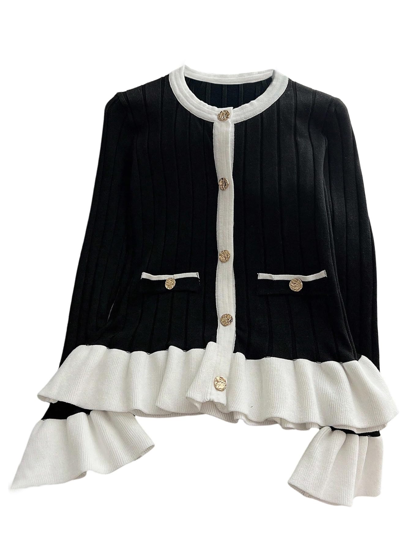 SHENHE Womens Button Up Ruffle Cardigan Sweater Crew Neck Color Block Dressy Knit Cardigan