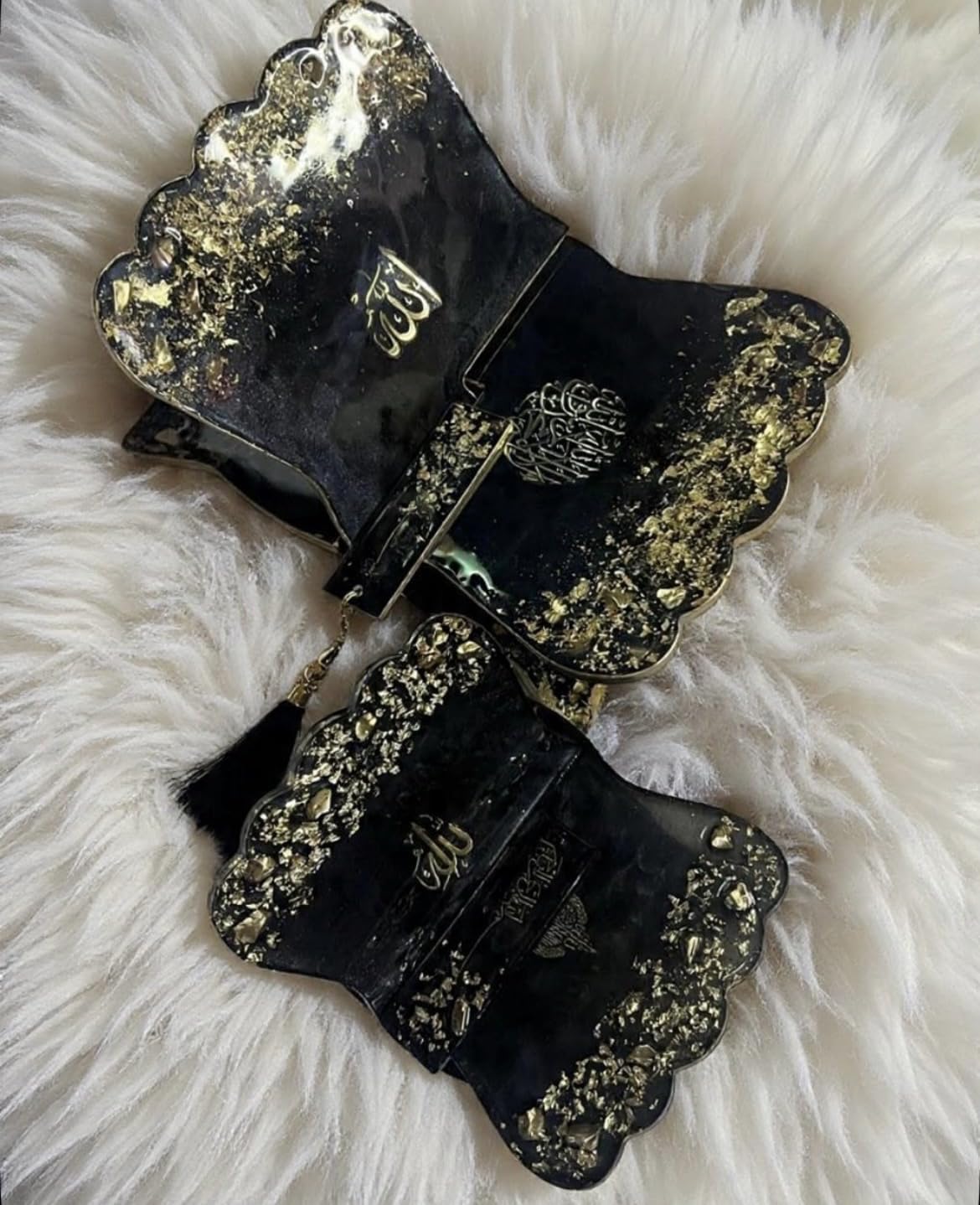Resin Rehal Set with Gold Foil Accents | Black Islamic Quran Stand Combo Pack | Mother & Daughter Set of 2 Mini & Large Quran Holders with Arabic Calligraphy for Prayer Room Decor-image-34