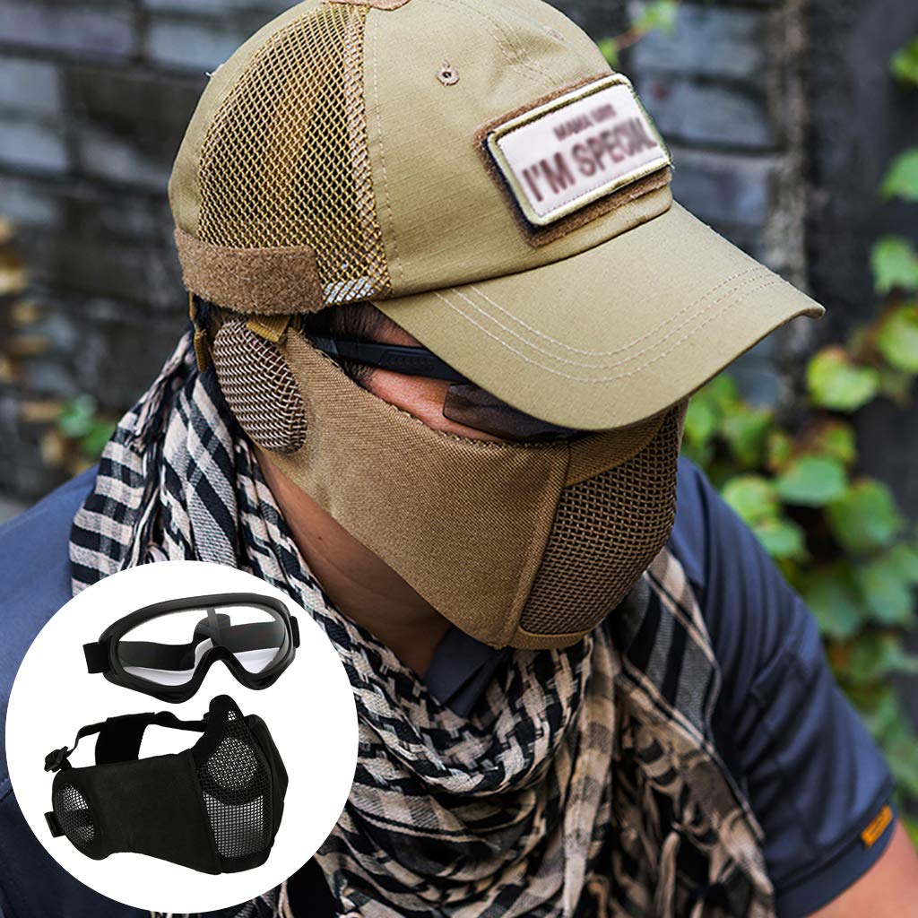 Set di maschera e occhiali per softair, maschera a mezza faccia in rete metallica con protezione per le orecchie, occhiali anti UV, protezione per gli occhi per caccia all'aperto e giochi CS