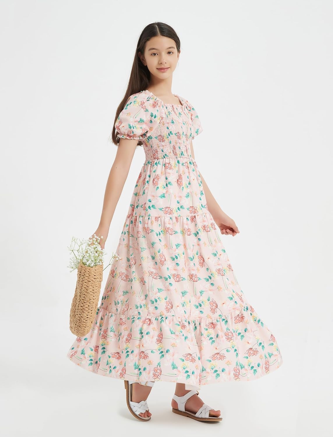 EXARUS Girls Smocked Dress Solid/Floral Teen Long Swiss Dots Maxi Tween Spring Casual A-line Flower Summer Dresses - Image 2