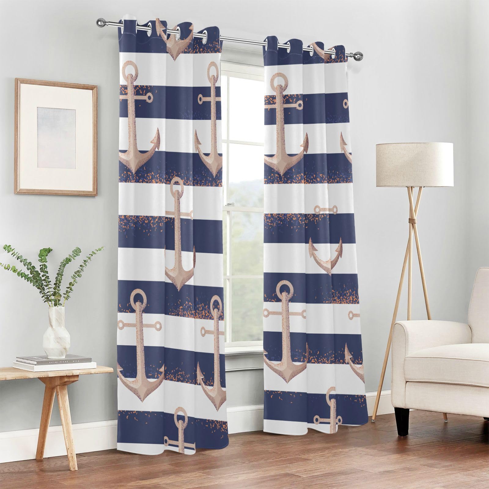 Set Di 2 Tende Oscuranti A Tema Nautico E Ancora – 116x137 Cm, Occhielli In Plastica, Tessuto In Velluto, Per Camere E Soggiorno