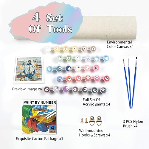 Miniatura 7 de Amphol Pintura de flores por números para adultos en lienzo enmarcado, paquete de 4 unidades de 10 x 10 pulgadas, kit de pintura fácil de enmarcar