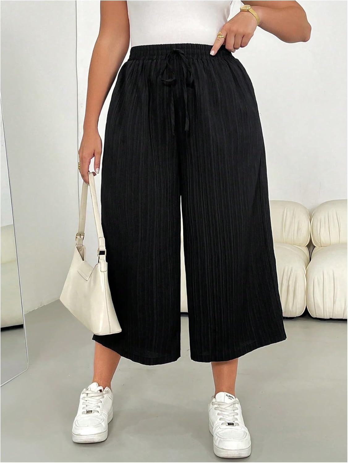 Verdusa Women's Plus Size Textured Wide Leg Baggy Capris High Waisted Gaucho Pants with Pockets - Image 4