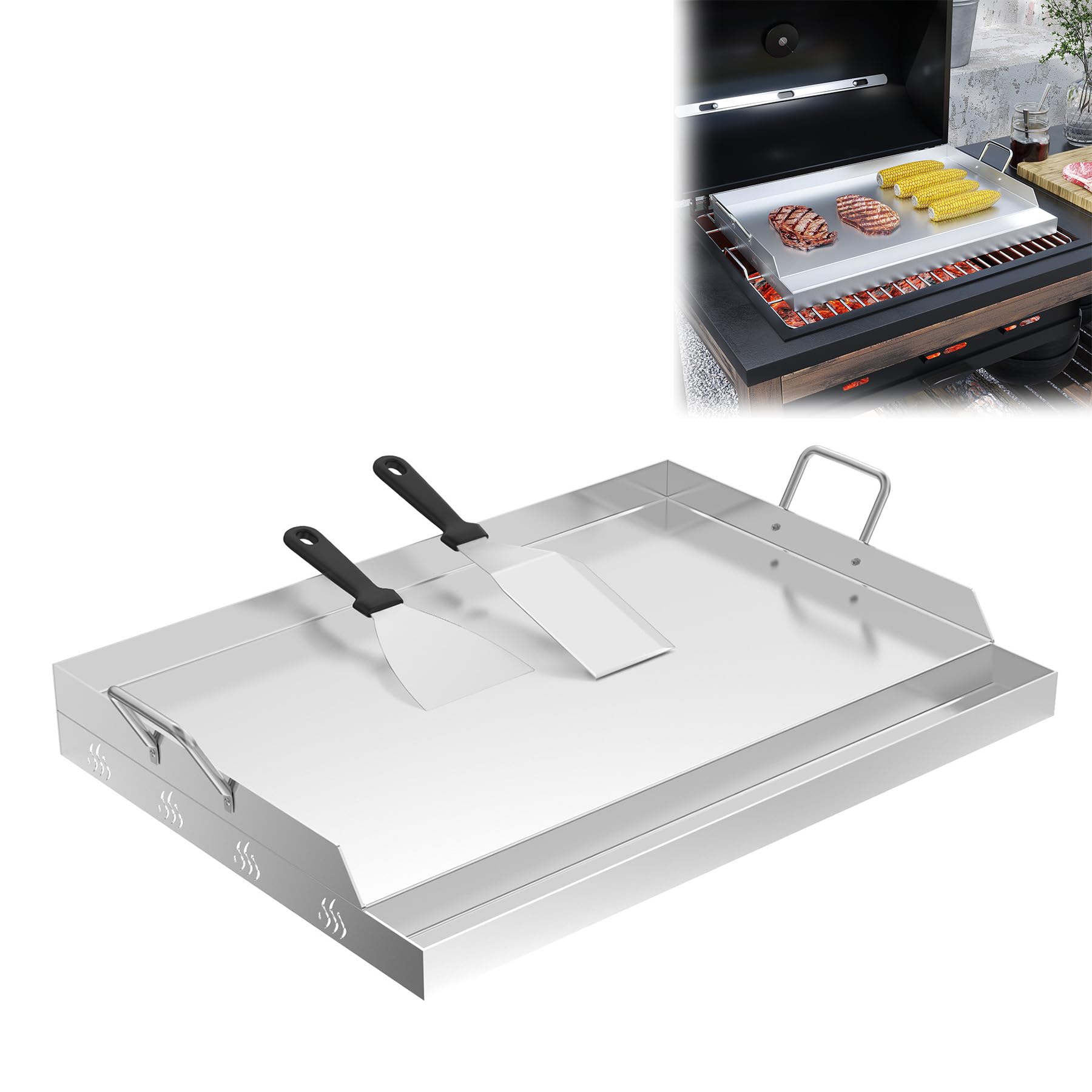 LZQ Piastra in acciaio inox con manici 54 x 41 x 7 cm | Plancha in acciaio inox per barbecue a gas e a carbonella | Superficie grill | Accessori per barbecue | Con spatola per barbecue e