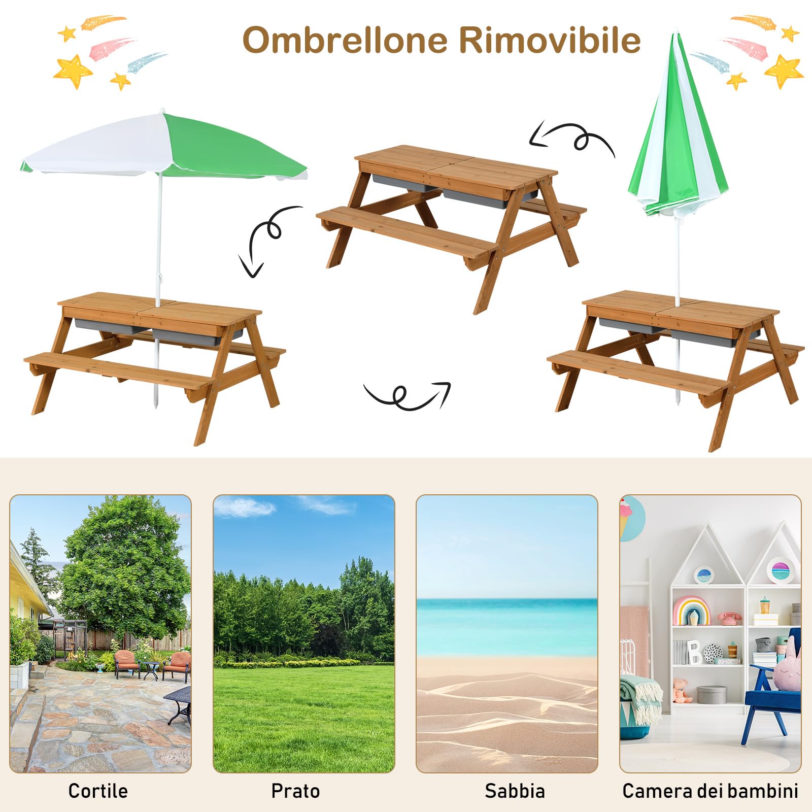 RELAX4LIFE 3 in 1 Set Tavolo e Sedie da Giardino per Bambini, Tavolo da Picnic con Ombrellone e 2 Vaschette, Tavolino e Panche da Esterno per Giardino Terrazzo e Balcone (Modello 8)