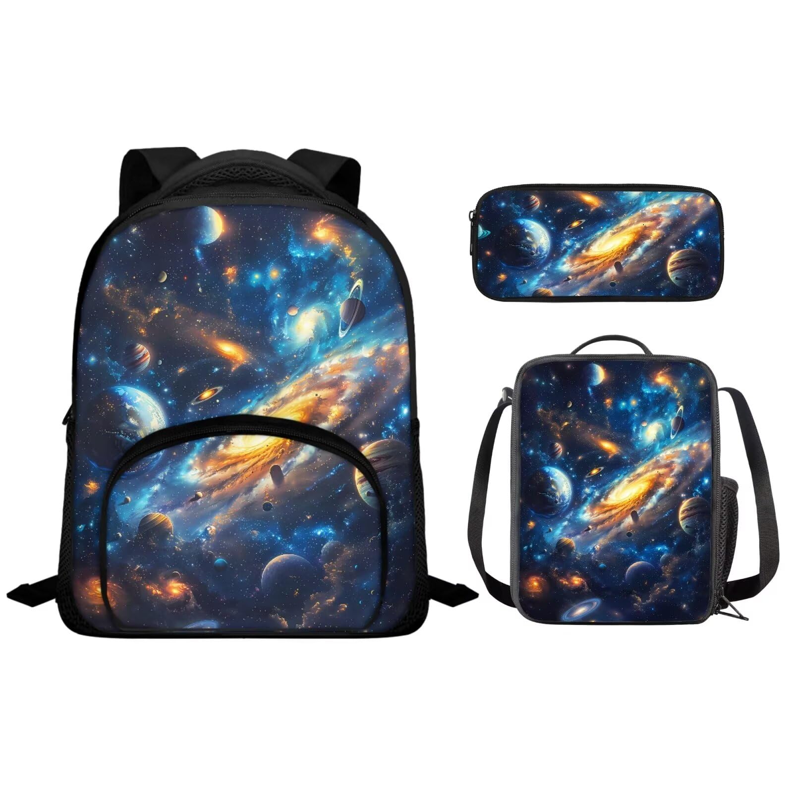 Uppodwarkid 12 Inch School Backpacks for Boys Girls Universe Space Galaxy Backpack Set with Lunch Bag Pencil Case Solar System Backpack 3 in 1 Set