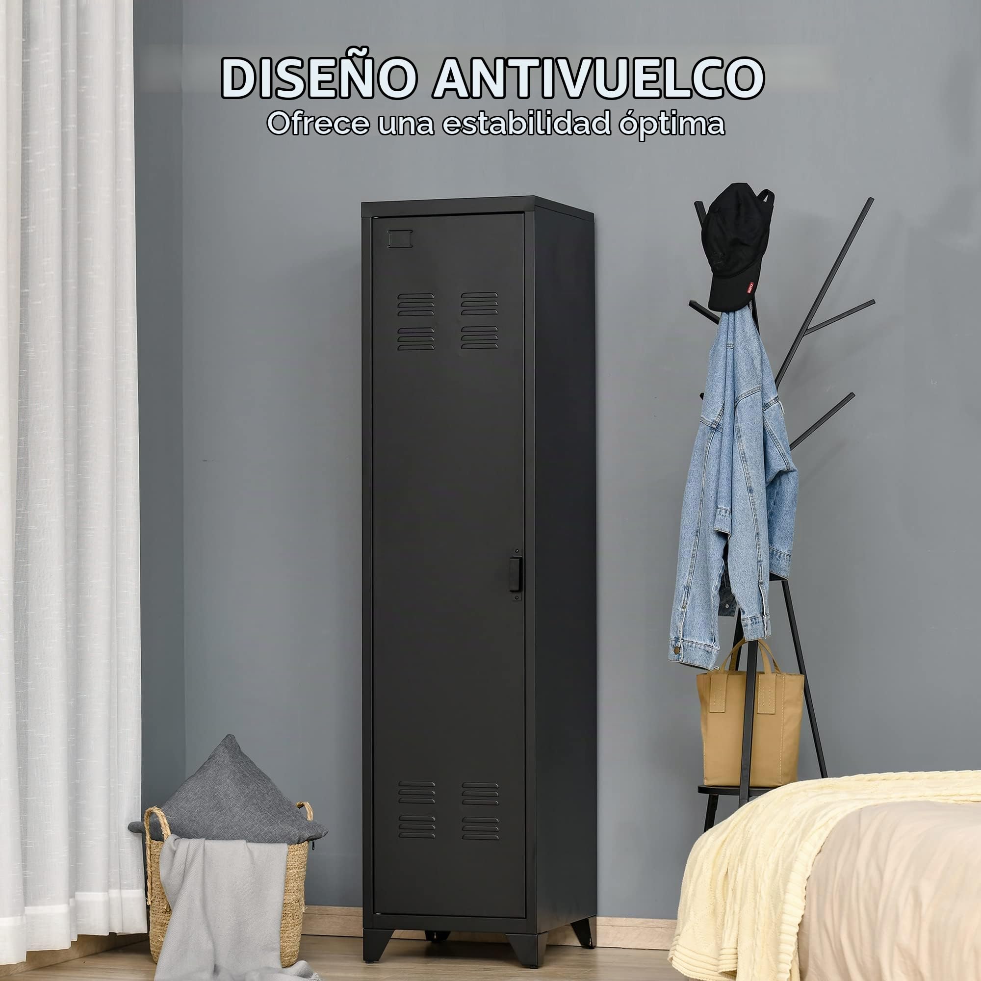 homcom Armario metálico de estilo industrial con una puerta, mueble multiusos para entrada y dormitorio, 43 x 50 x 180 cm, negro