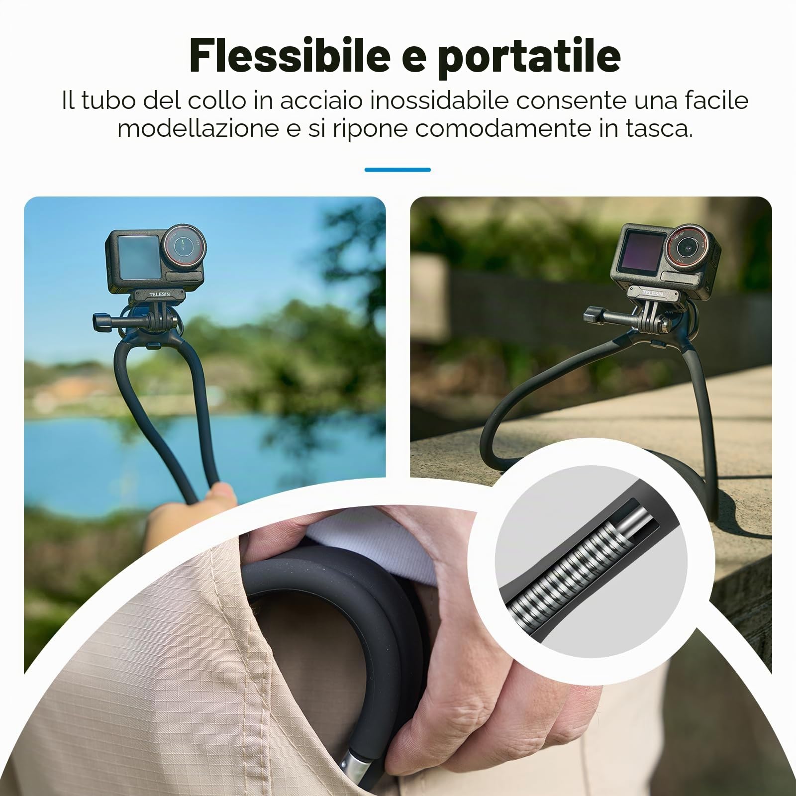 TELESIN SE 2.0 Supporto da Collo per GoPro Hero 13 12 11, DJI Osmo 360 Action 6/5/4 Pocket, Insta360 X5 Ace Pro, con Rotazione e Fascia Toracica, Supporto POV a Mani Libere per Sport Viaggi Bici