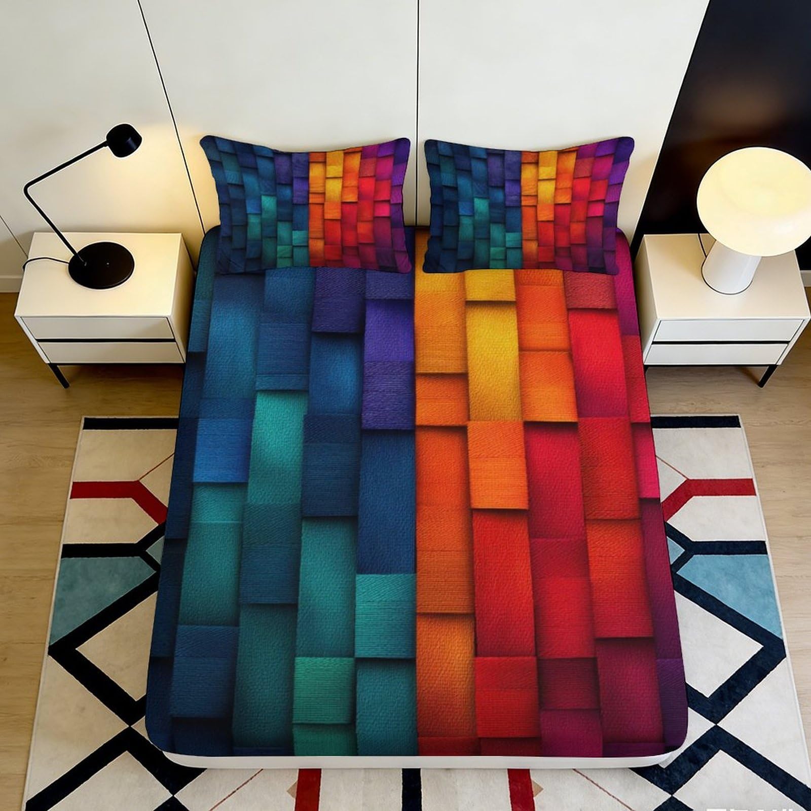 3D Printed Color Block Fitted Sheet Microfiber Soft Bedroom Decor Patchwork Bed Cover for Adult Teen Guest Room 90x200x25cm