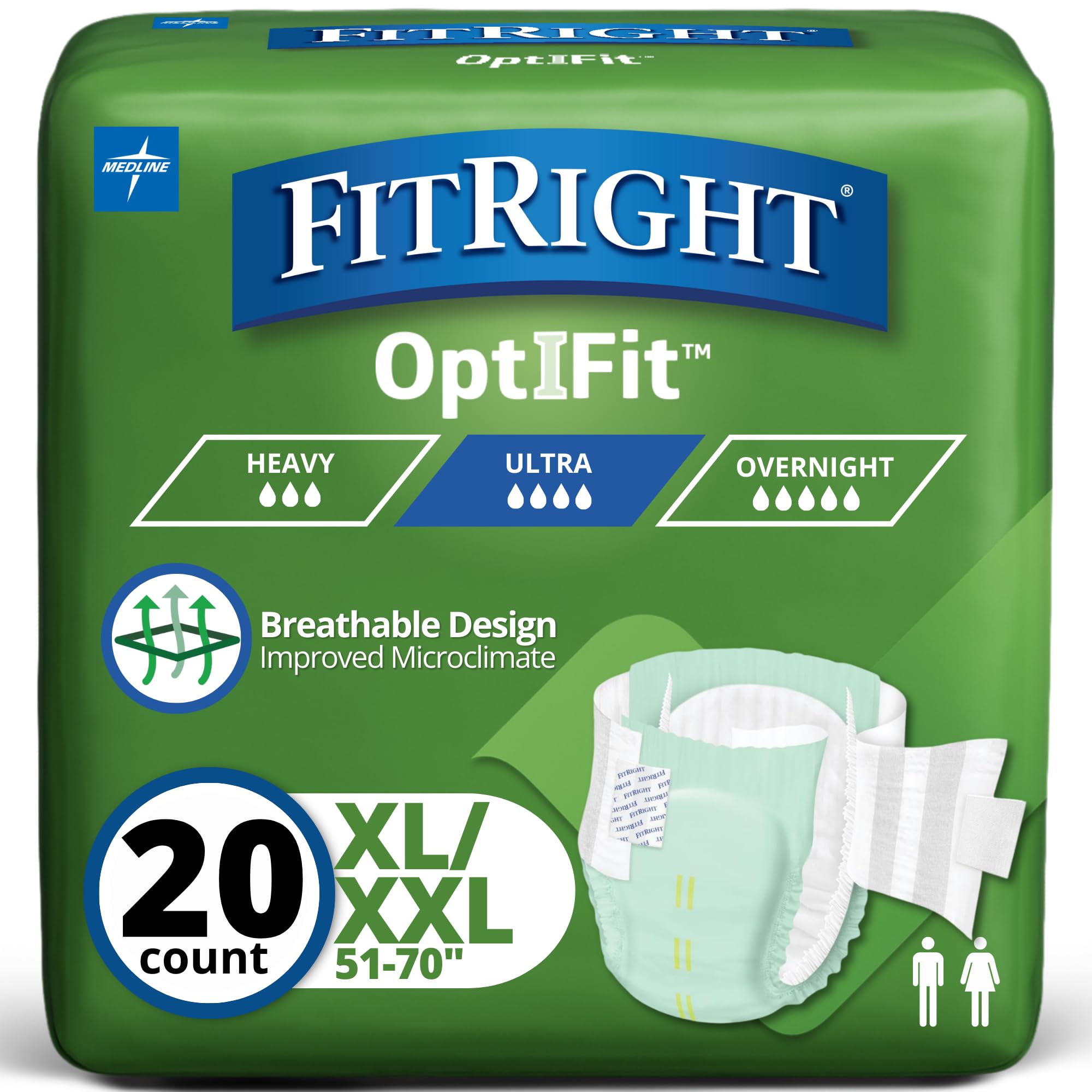 FitRight Stretch Ultra Adult Briefs, Incontinence Diapers with Tabs, Heavy Absorbency, Large/XL/2XL, 51 to 70", 20 Count