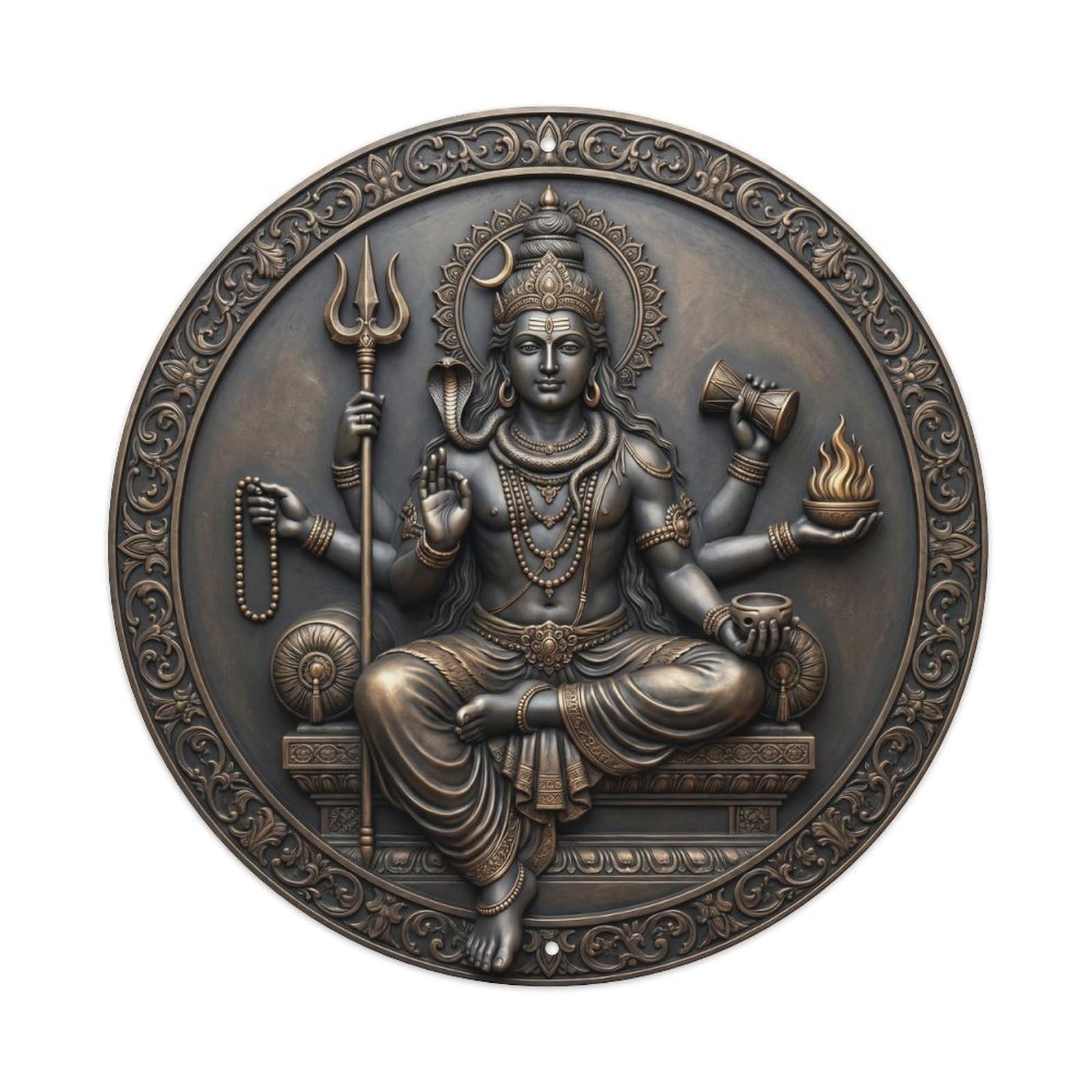 Fqcyn Style Hindu Deity Shiva Maheshwara Supreme Lord Majestic Relief Sculpture Metal Tin Sign Plaque Wall Decor For Cafe, Club Bar, Office, Home Garden Round Metal Poster 8X8inch